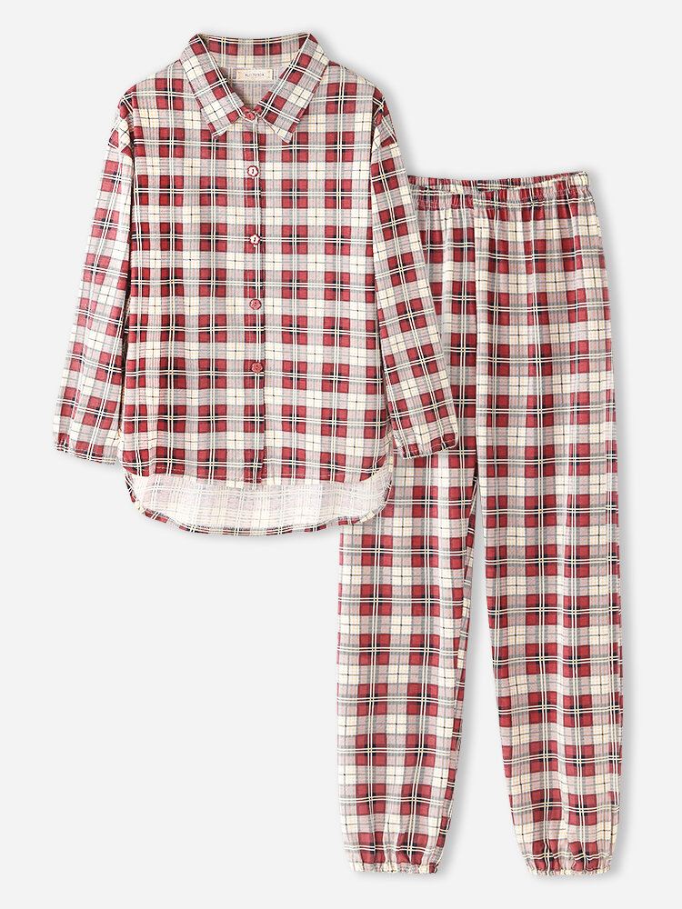 Naisten Ruudullinen Print Käänne Korkea-matala Helma Paita Joustava Vyötärö Housut Koti Pyjama-setti