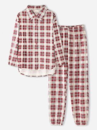 Naisten Ruudullinen Print Käänne Korkea-matala Helma Paita Joustava Vyötärö Housut Koti Pyjama-setti
