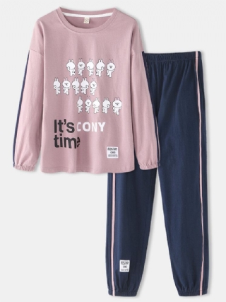 Naisten Sarjakuva Kanit Print Pitkähihaiset Joustavat Vyötäröhousut Jogger-housut Kotipuuvillaiset Pyjamasetit