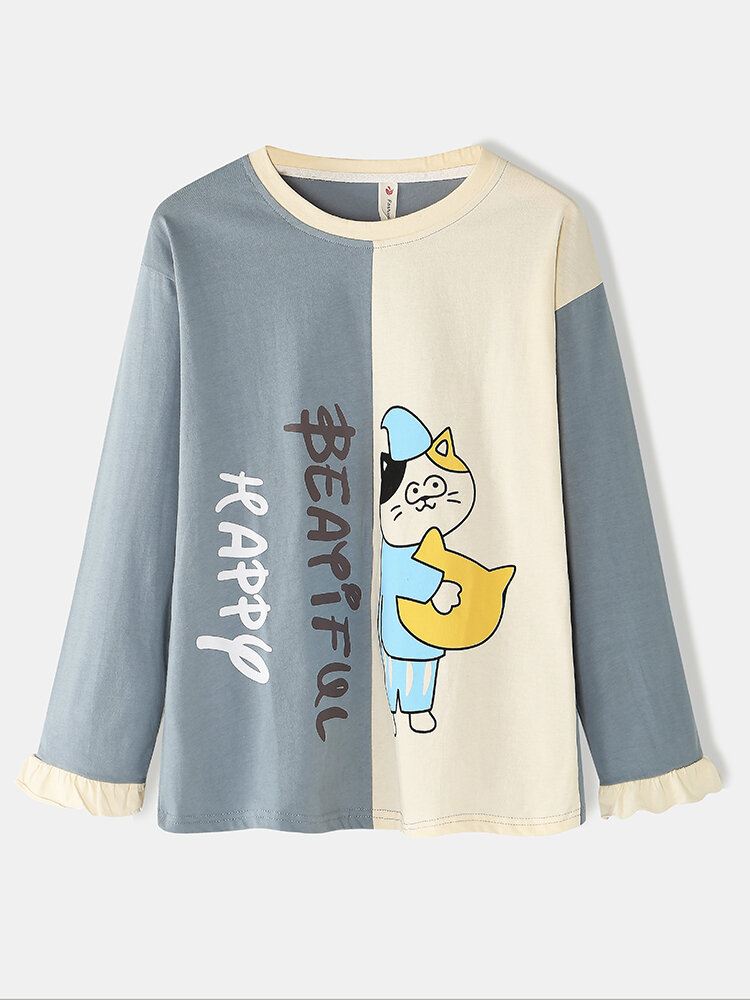 Naisten Sarjakuva Kissaprintti Kaksisävyinen Patchwork Joustavat Vyötäröhousut Taskuhousut Koti Pyjama-setti