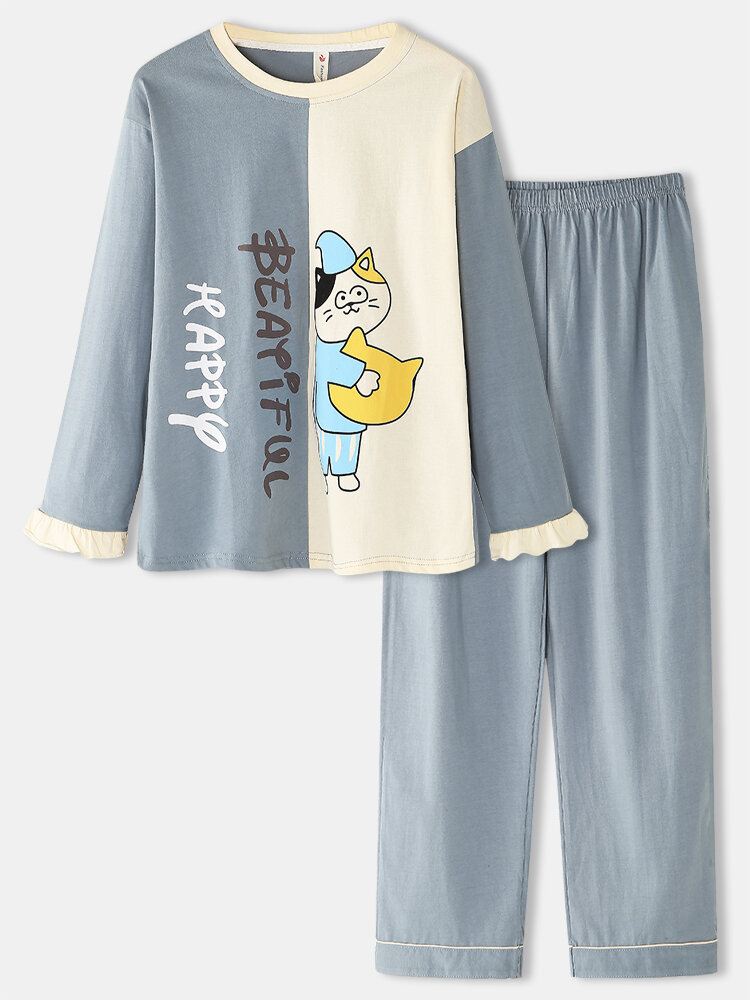 Naisten Sarjakuva Kissaprintti Kaksisävyinen Patchwork Joustavat Vyötäröhousut Taskuhousut Koti Pyjama-setti