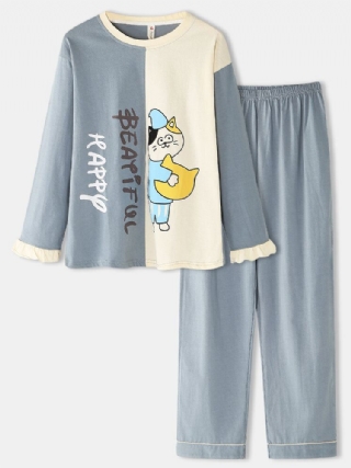 Naisten Sarjakuva Kissaprintti Kaksisävyinen Patchwork Joustavat Vyötäröhousut Taskuhousut Koti Pyjama-setti