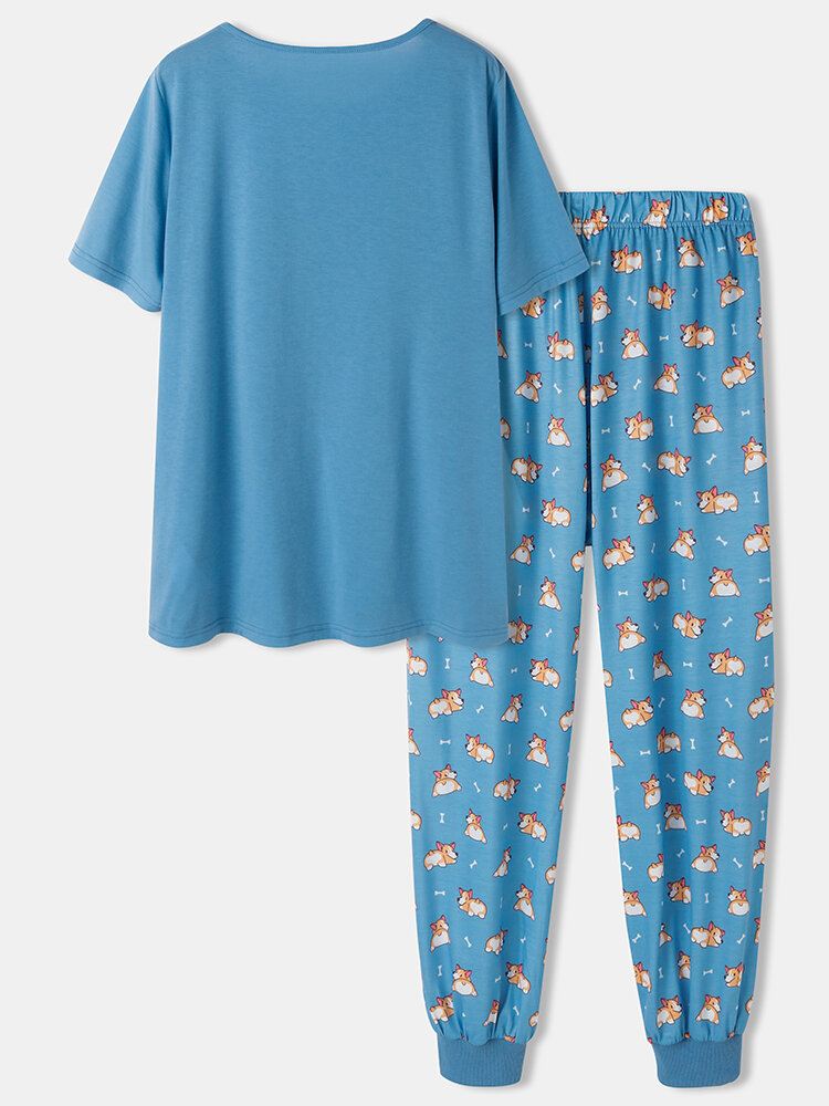Naisten Sarjakuva Koiraprintti Lyhythihaiset Söpöt Resorit Housut Pyjamasetit