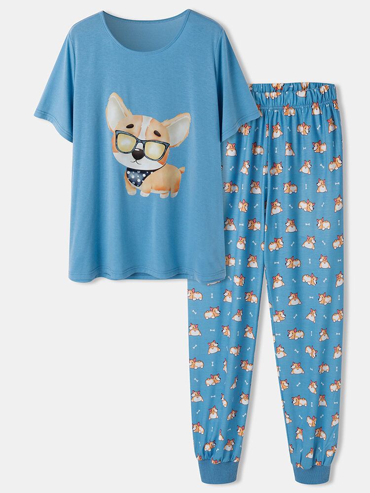 Naisten Sarjakuva Koiraprintti Lyhythihaiset Söpöt Resorit Housut Pyjamasetit