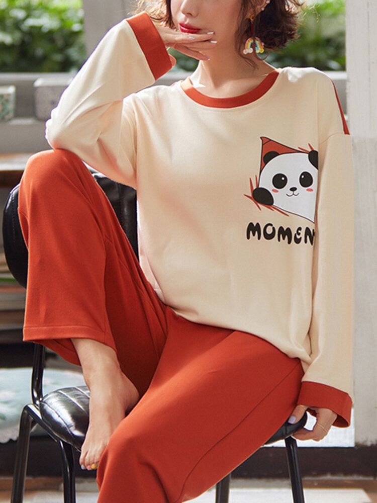 Naisten Sarjakuva Panda Letter Print Pitkähihainen Toppi Löysät Housut Kaksiosainen Kotipyjamasetti