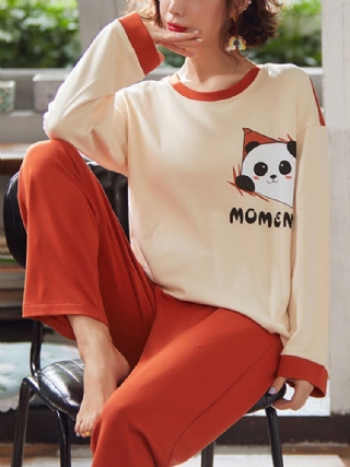 Naisten Sarjakuva Panda Letter Print Pitkähihainen Toppi Löysät Housut Kaksiosainen Kotipyjamasetti
