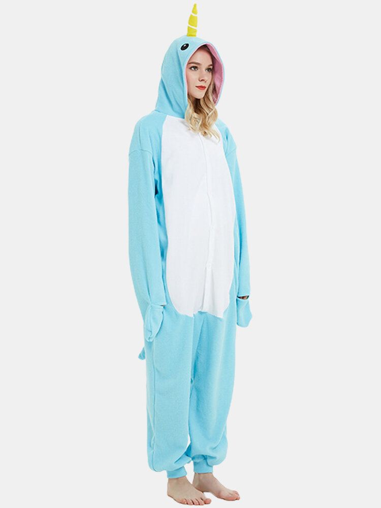 Naisten Söpöt Narwhal Patchwork Fleece Home-haalari Löysä Hupullinen Eläinhaalari