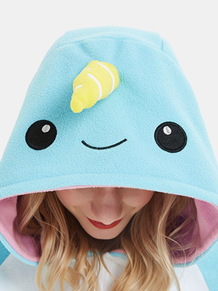 Naisten Söpöt Narwhal Patchwork Fleece Home-haalari Löysä Hupullinen Eläinhaalari