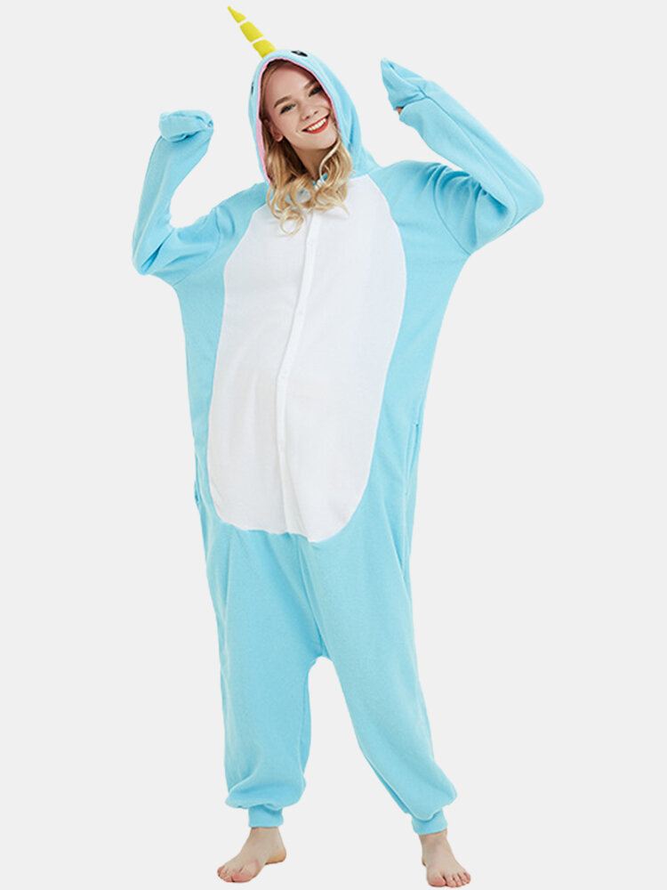 Naisten Söpöt Narwhal Patchwork Fleece Home-haalari Löysä Hupullinen Eläinhaalari