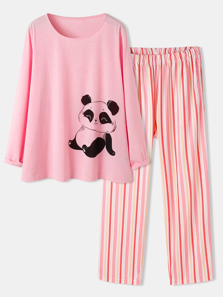 Naisten Söpöt Pandaprintti O-kaula-raidalliset Housut Kaksiosaiset Plus Size Lounge Kotipyjamasetit