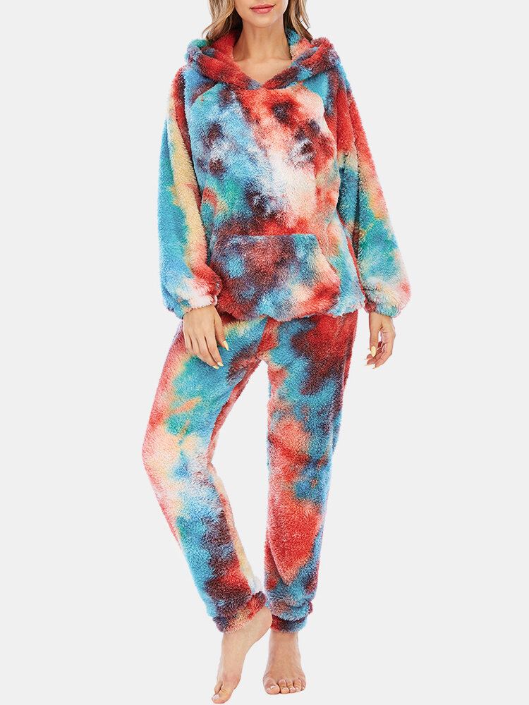 Naisten Solmio Dye Fleece Kangaroo Taskuhupparihousut Koti Sleepweat Casual Pyjama-setti
