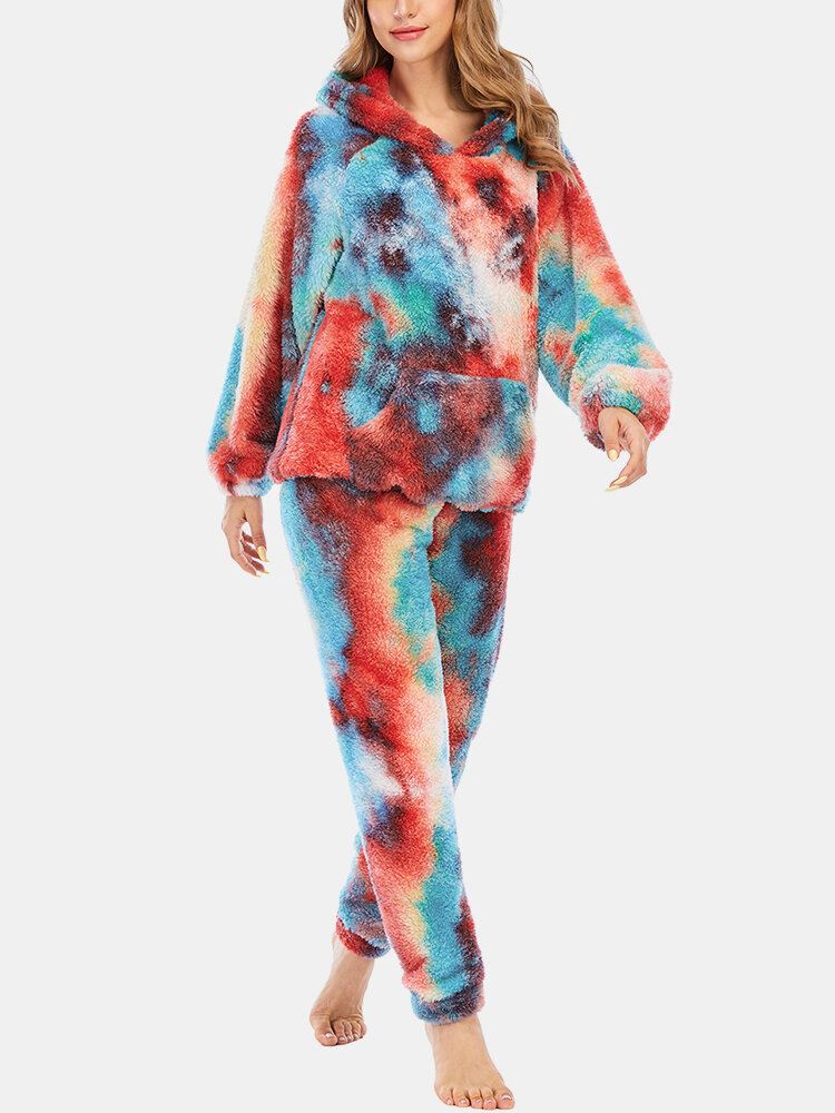 Naisten Solmio Dye Fleece Kangaroo Taskuhupparihousut Koti Sleepweat Casual Pyjama-setti