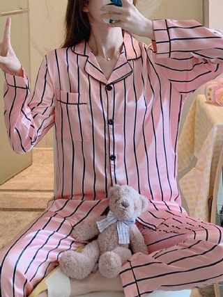 Naisten Vaaleanpunainen Raitaprintti Camp Kaulus Pitkähihainen Koti Rento Tekosilkki Pyjamasetit