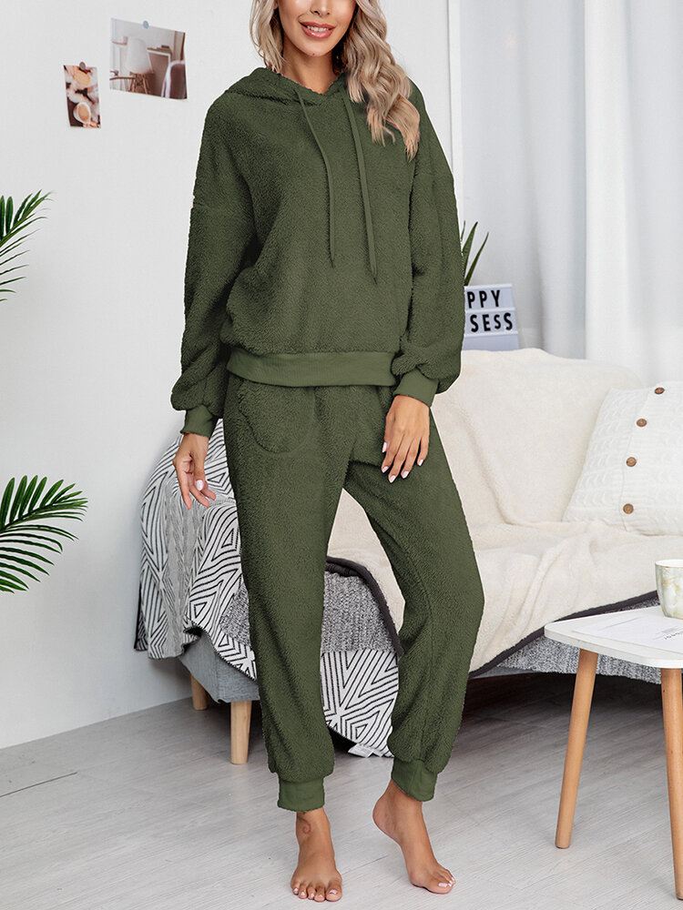 Naisten Yksivärinen Fleece-puserohuppari Jogger-housut Kaksiosainen Home Fuzzy Pyjamasetti