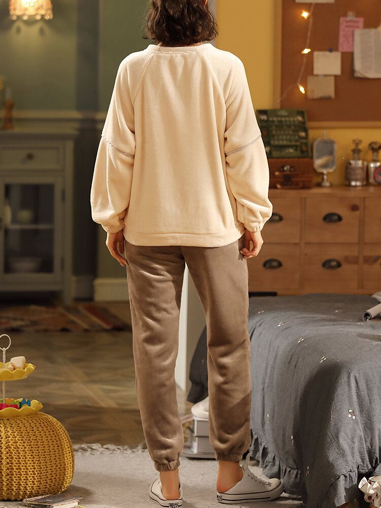 Naisten Yksivärinen Raglan Hihat Coral Fleece Tasku Lämmin Koti Pyjama Setti