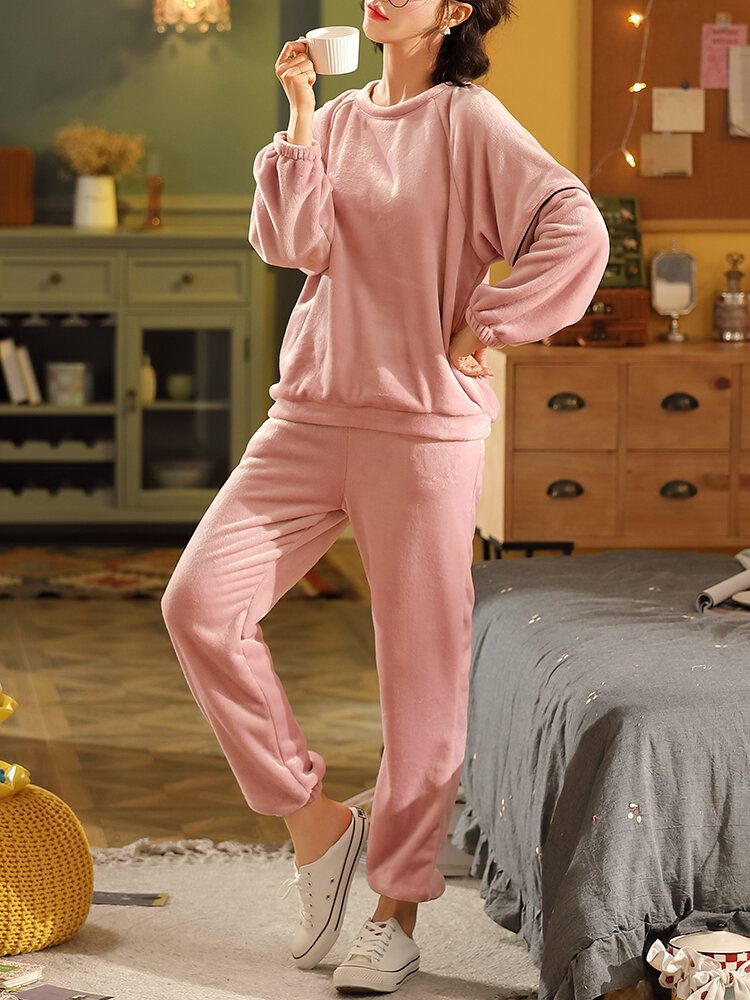 Naisten Yksivärinen Raglan Hihat Coral Fleece Tasku Lämmin Koti Pyjama Setti