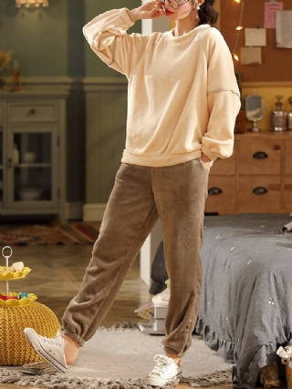 Naisten Yksivärinen Raglan Hihat Coral Fleece Tasku Lämmin Koti Pyjama Setti