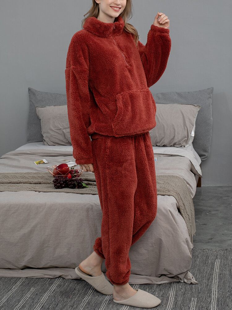 Naisten Yksiväriset Pehmo Pörröinen Kangaroo Taskupusero Jogger Housut Koti Pyjama-setti