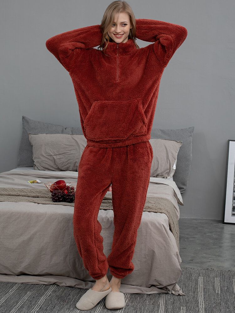 Naisten Yksiväriset Pehmo Pörröinen Kangaroo Taskupusero Jogger Housut Koti Pyjama-setti