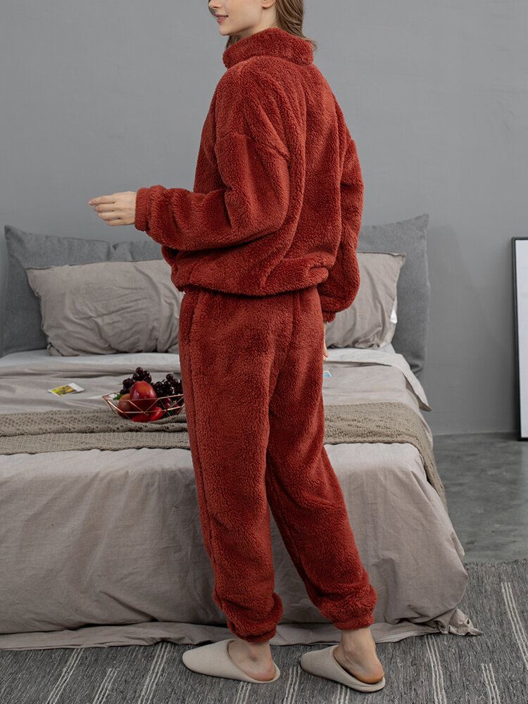 Naisten Yksiväriset Pehmo Pörröinen Kangaroo Taskupusero Jogger Housut Koti Pyjama-setti