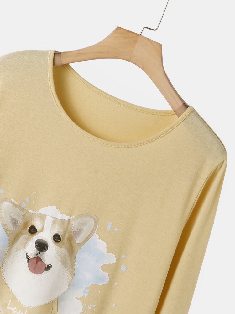 Plus Size Naisten Koiraprintti Raidalliset Housut Löysät Pitkähihaiset Loungewear Pyjamasetit