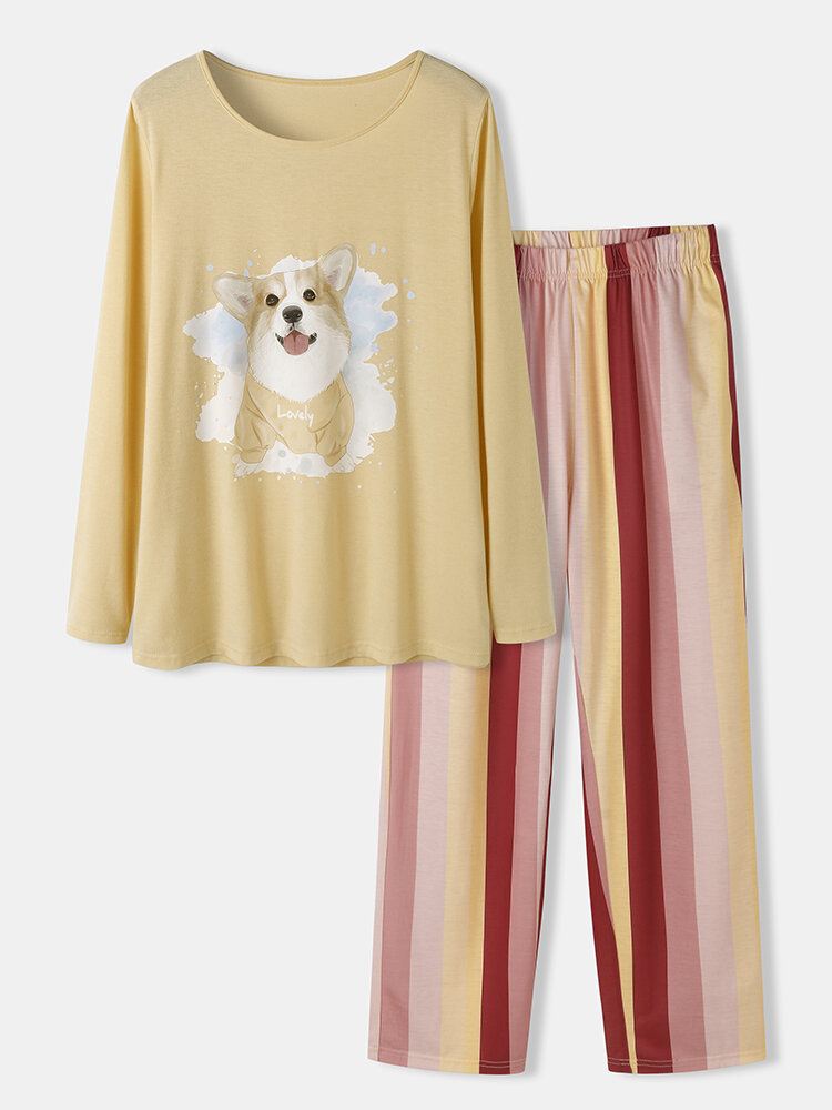Plus Size Naisten Koiraprintti Raidalliset Housut Löysät Pitkähihaiset Loungewear Pyjamasetit