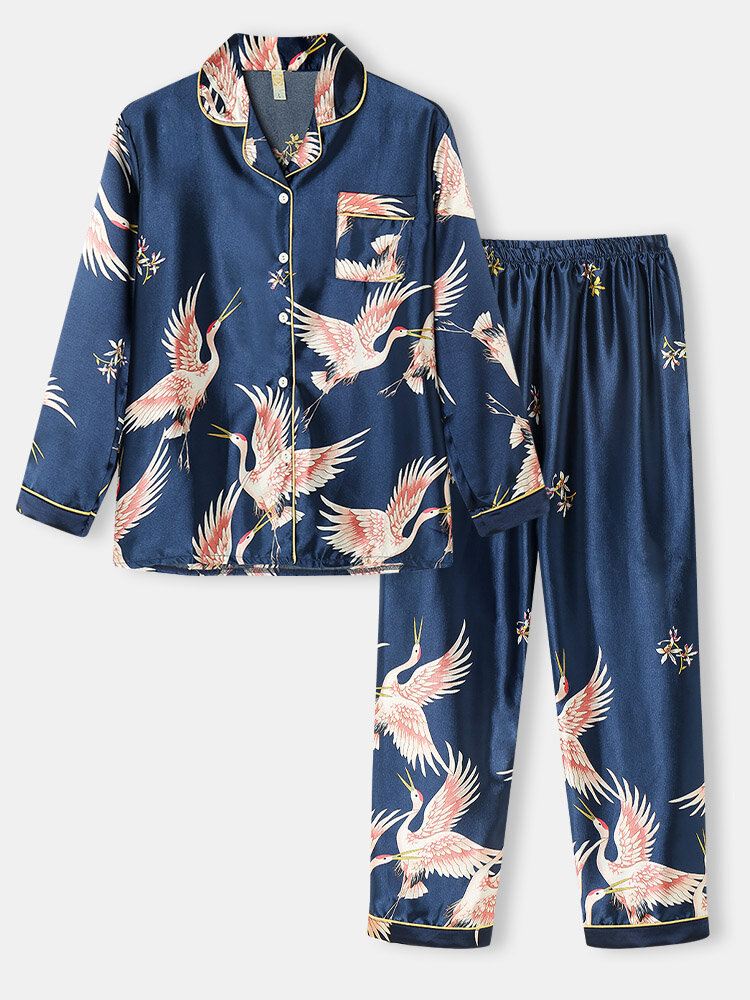 Plus Size Naisten Nosturikuvio Revere Kaulus Ice Silk Koti Rennot Pyjama-setit