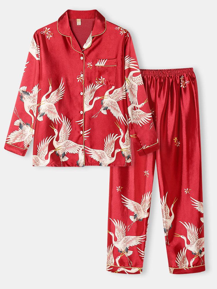 Plus Size Naisten Nosturikuvio Revere Kaulus Ice Silk Koti Rennot Pyjama-setit