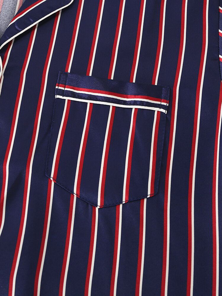 Stripe Camp Kaulustasku Pitkähihainen Joustava Vyötärö Faux Silkki Kotipyjamasetit Naisille