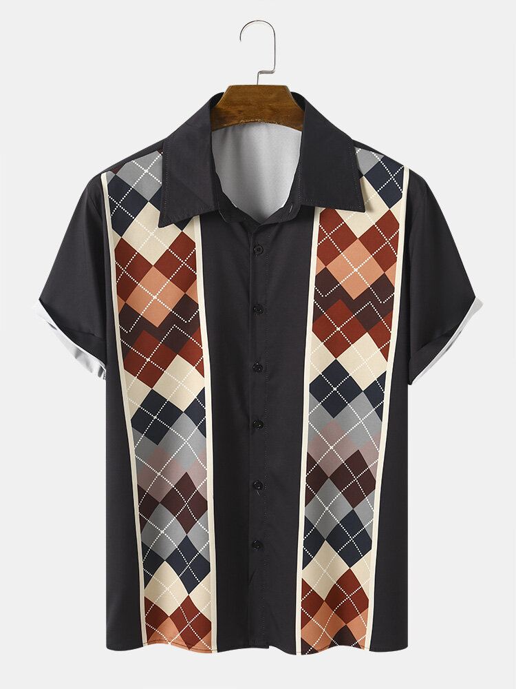 Miesten Argyle Geometric Patchwork Helma Cuff Lyhythihaiset Pehmeät Mukavat Paidat