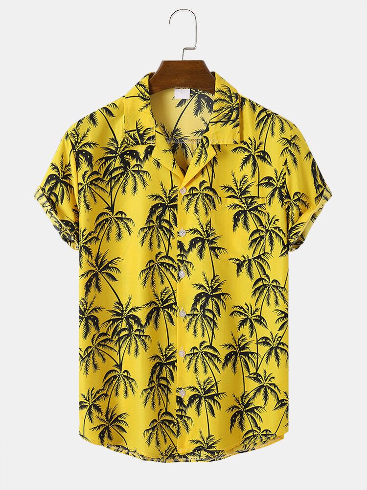Miesten Coconut Tree Graphic Revere Collar Hawaii Style Pehmeät Casual Paidat