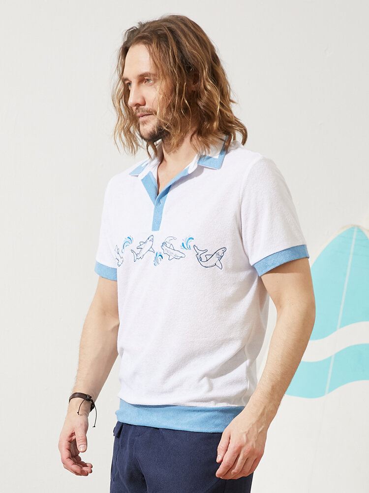 Miesten Dolphin Brodeerattu Pyyhe Teksture Hit Trim Half Buttons Cozy Paidat