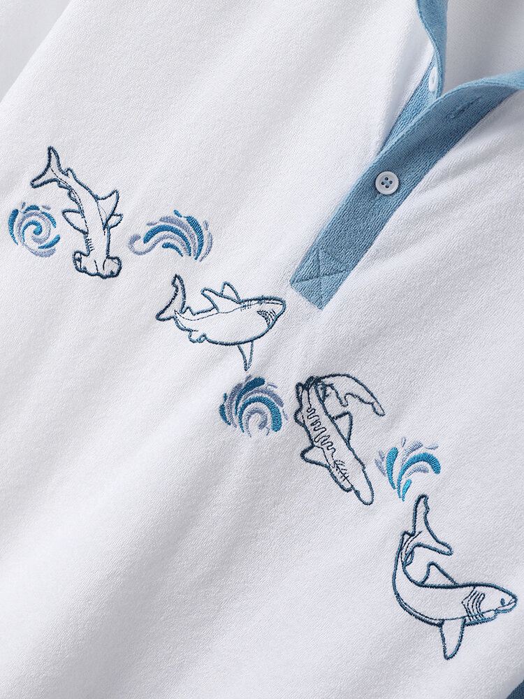 Miesten Dolphin Brodeerattu Pyyhe Teksture Hit Trim Half Buttons Cozy Paidat