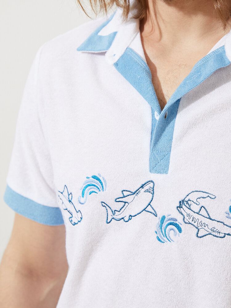 Miesten Dolphin Brodeerattu Pyyhe Teksture Hit Trim Half Buttons Cozy Paidat