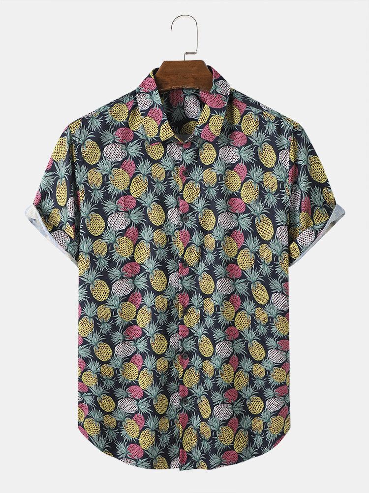 Miesten Funny Allover Pineapple Print Street Button Kaareva Helma Joulupaidat