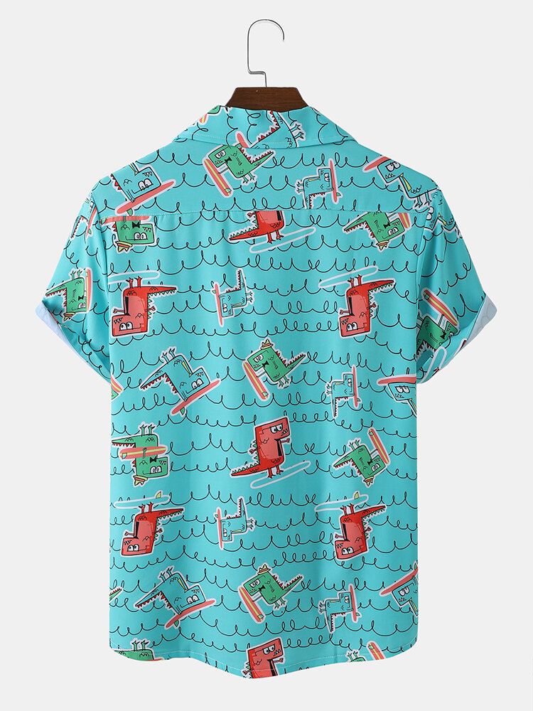 Miesten Hauska Dinosaurprint Rantavaatteet Ice Silk Mukava Revere Collar Hawaii Style Paidat
