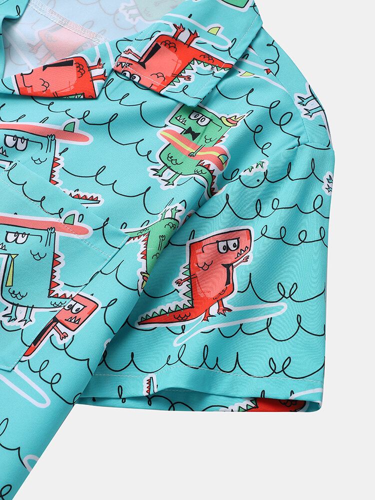 Miesten Hauska Dinosaurprint Rantavaatteet Ice Silk Mukava Revere Collar Hawaii Style Paidat