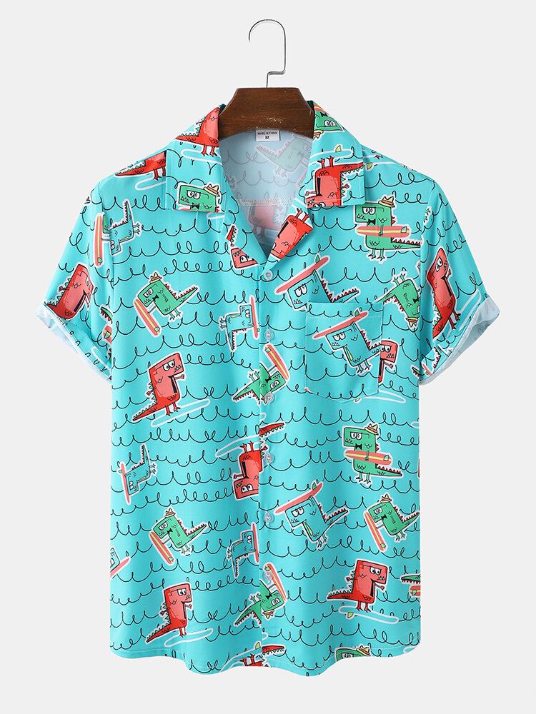 Miesten Hauska Dinosaurprint Rantavaatteet Ice Silk Mukava Revere Collar Hawaii Style Paidat