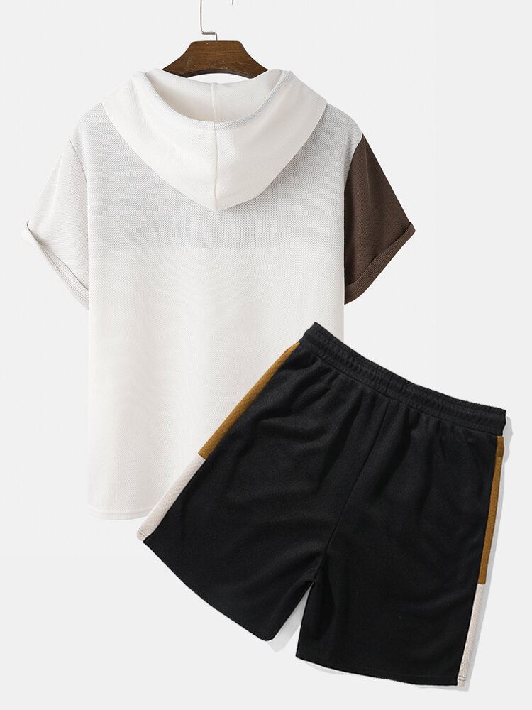 Miesten Hupullinen Vohveli Neule Väri Block Patchwork Paidat Shortsit Kaksiosaiset Asut