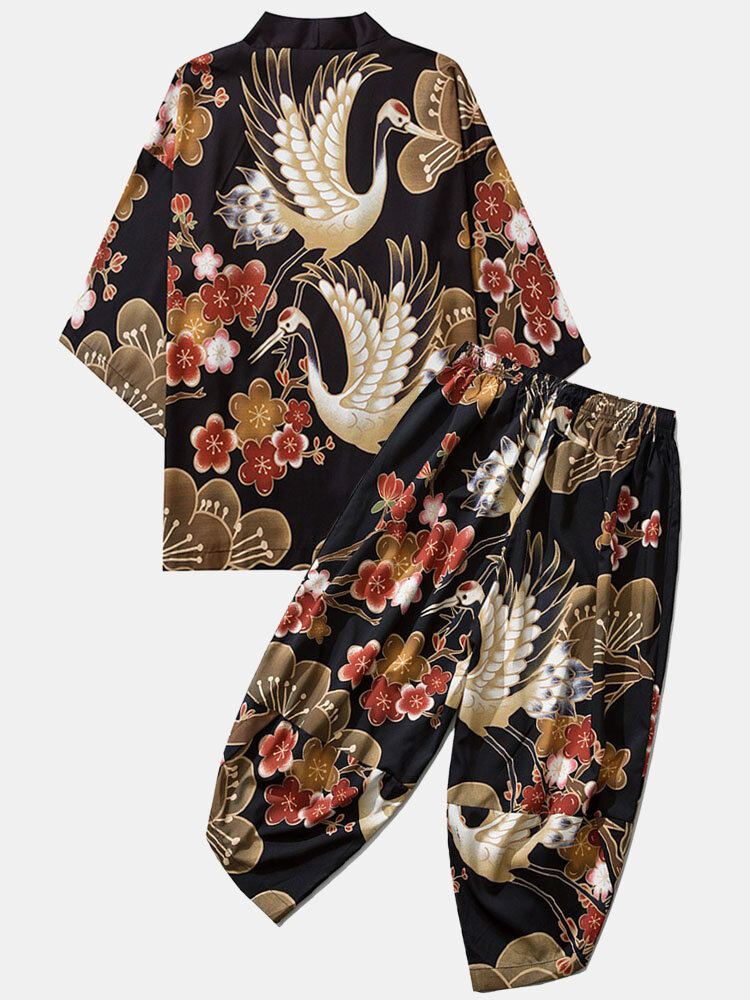 Miesten Japanilainen Kimono Nosturi Kukkakuvio Avoimet Etuhousut
