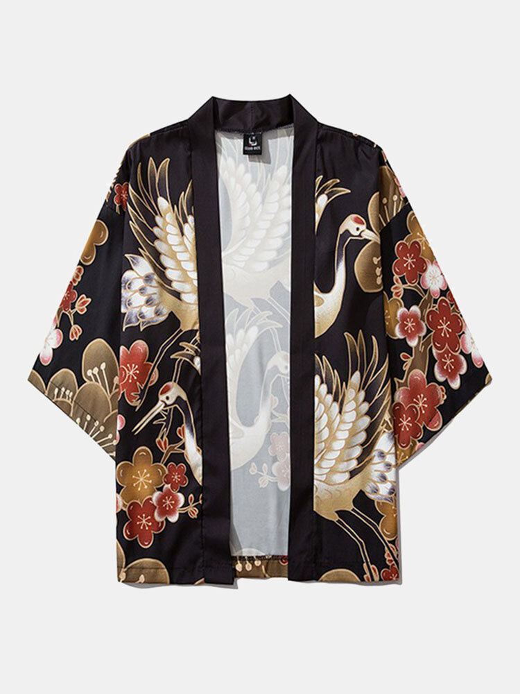 Miesten Japanilainen Kimono Nosturi Kukkakuvio Avoimet Etuhousut