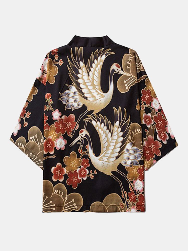 Miesten Japanilainen Kimono Nosturi Kukkakuvio Avoimet Etuhousut