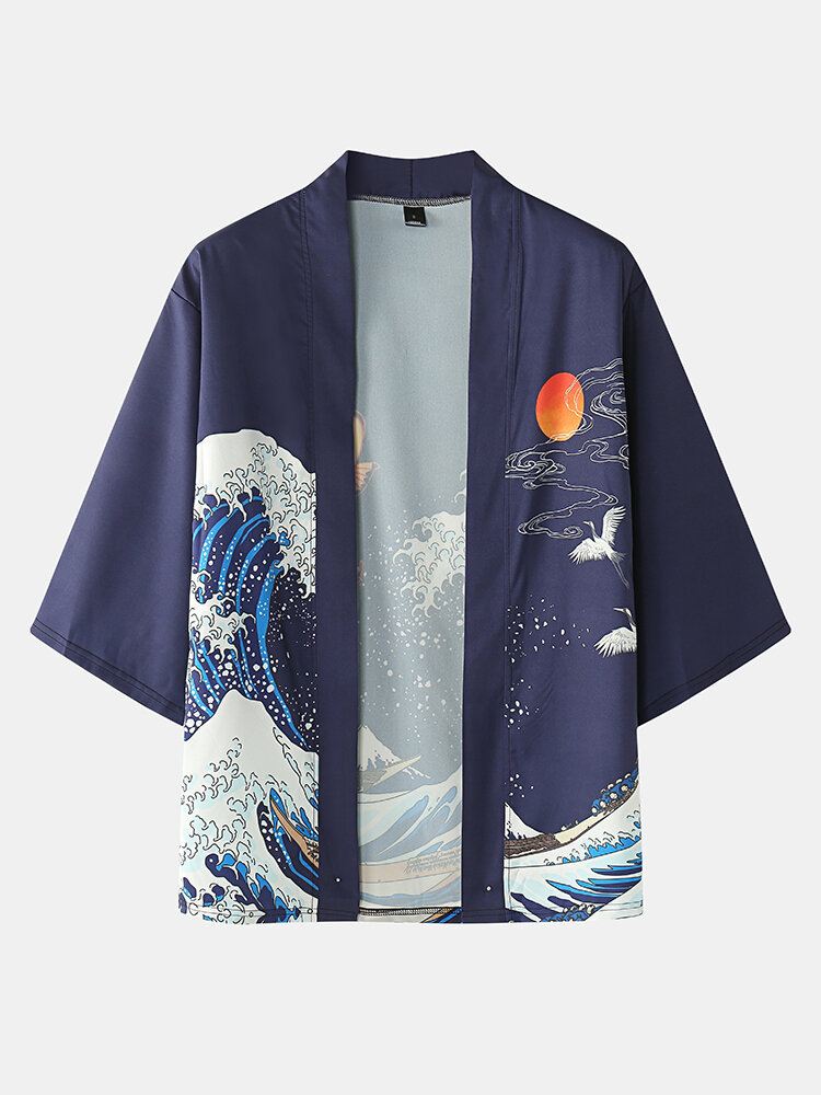 Miesten Japanilainen Kimono Wave Koi Ukiyoe Takaisin Tulosta Kaksiosaiset Asut
