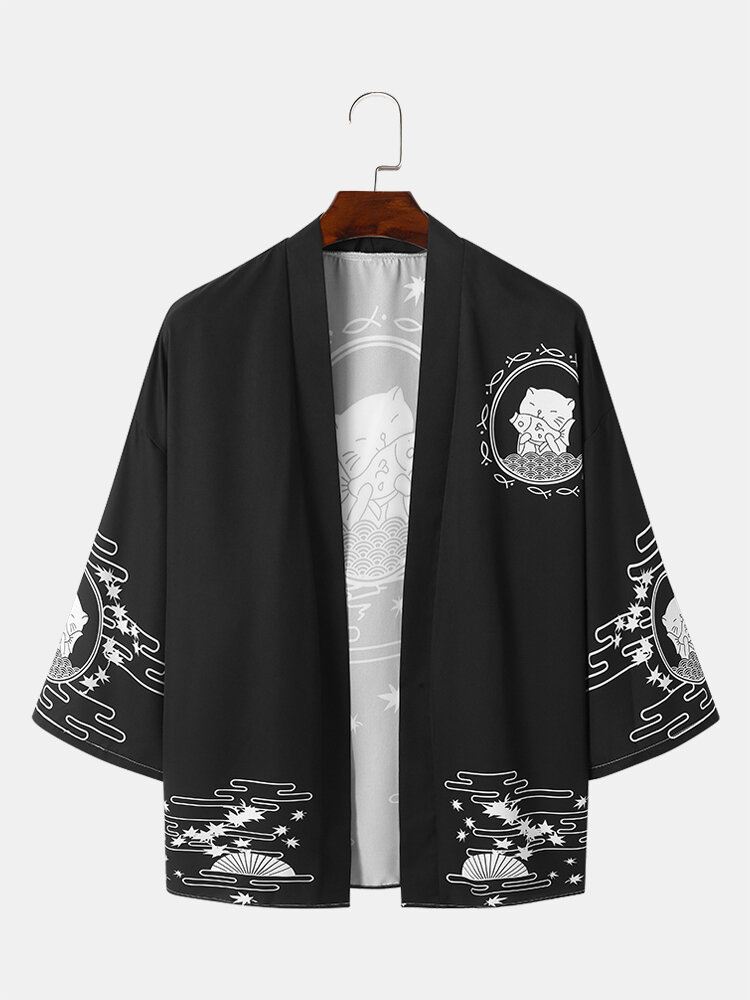 Miesten Japanilaistyylinen Kissakuvio Edessä Avoin Löysä Kimono