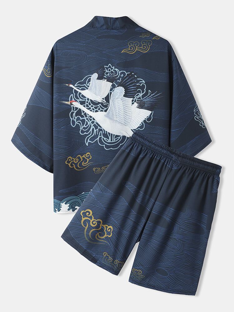 Miesten Japanilaistyylinen Nosturiselkäkuvio Avoin Etukimono Kaksiosaiset Asut