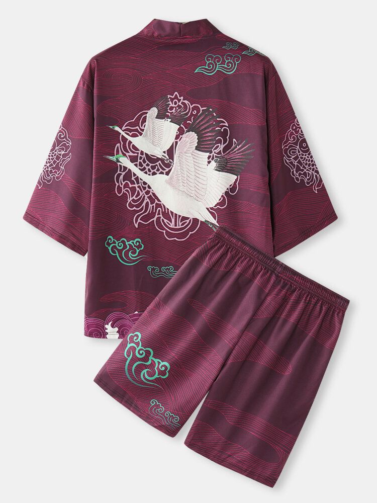 Miesten Japanilaistyylinen Nosturiselkäkuvio Avoin Etukimono Kaksiosaiset Asut