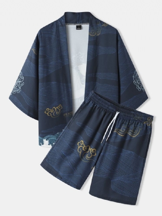 Miesten Japanilaistyylinen Nosturiselkäkuvio Avoin Etukimono Kaksiosaiset Asut