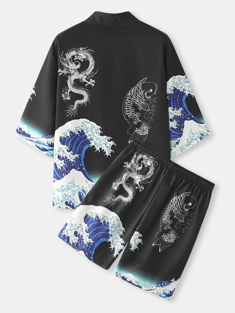 Miesten Japanilaistyyliset Wave Koi Ukiyoe-kimono-kaksiosaiset Asut