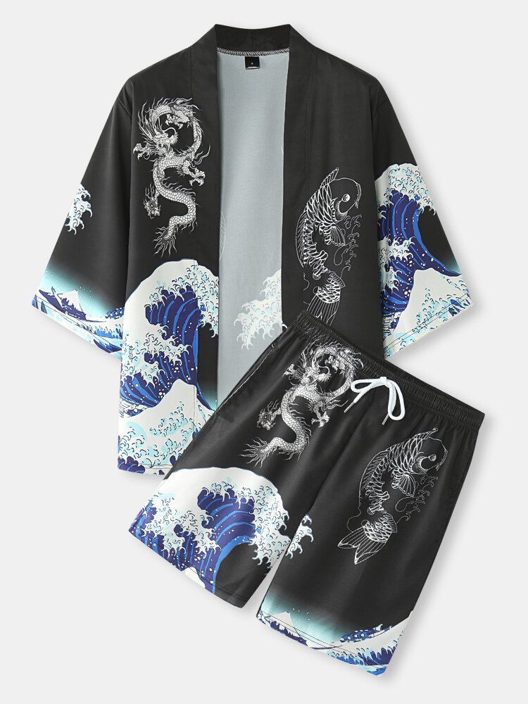 Miesten Japanilaistyyliset Wave Koi Ukiyoe-kimono-kaksiosaiset Asut
