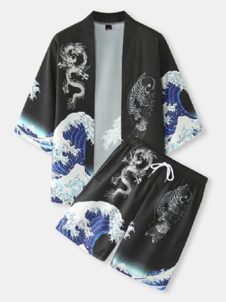 Miesten Japanilaistyyliset Wave Koi Ukiyoe-kimono-kaksiosaiset Asut